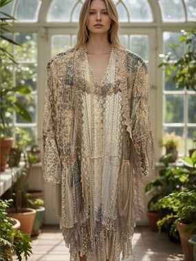 Lace Overlay Sheer Kimono Cardigan in Beige